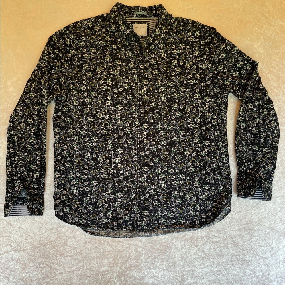 Denim & Flower Floral Button Down Shirt Mens XL Black Long Sleeve EUC Cotton